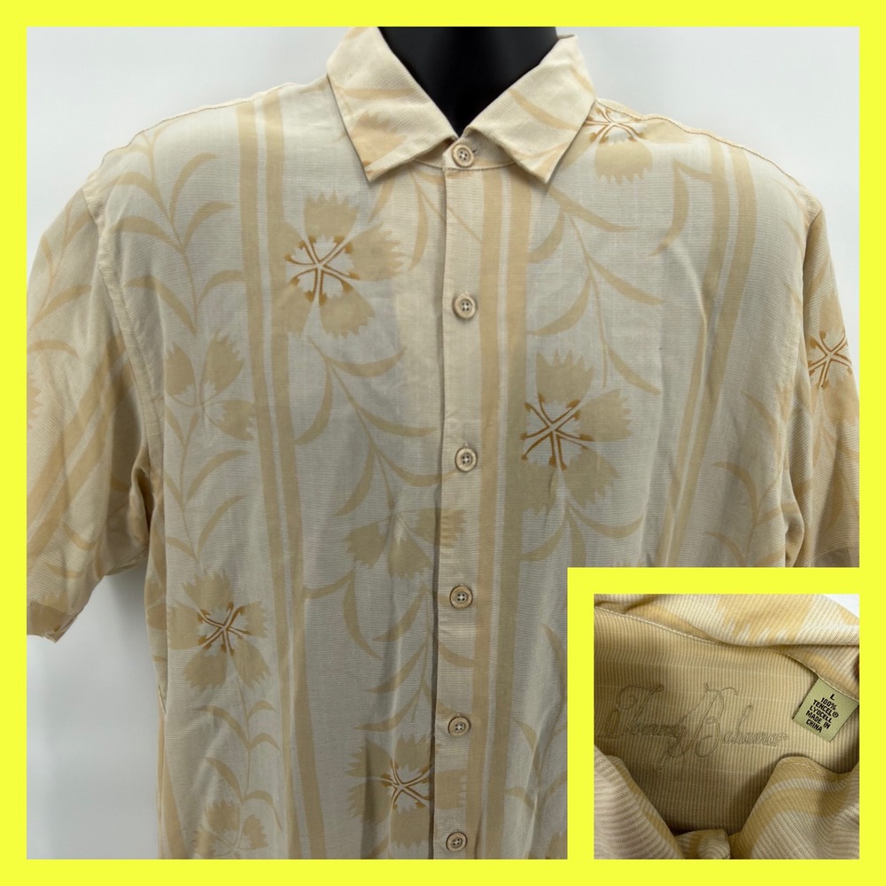 Tommy Bahama Shirt Mens Large Tan Floral Striped Tencel Lyocell Silk Like Hawaii